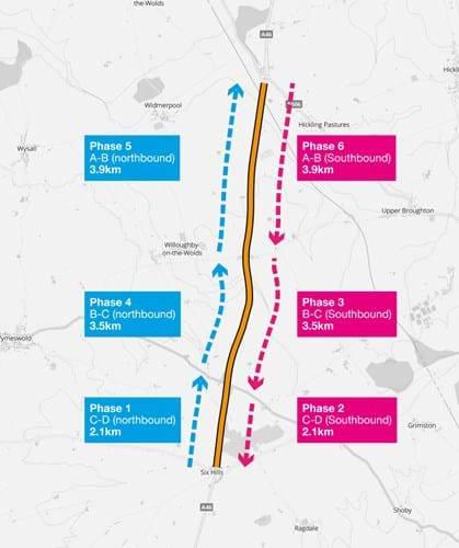 A46 Six Hills work phases map