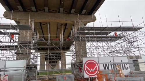 Scaffolding under a bridge