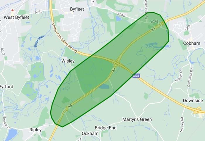 Map of the area covered by the M25 junction 10/A3 Wisley interchange improvements