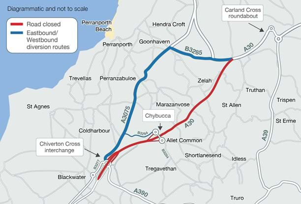 A30 March 24 diversion map