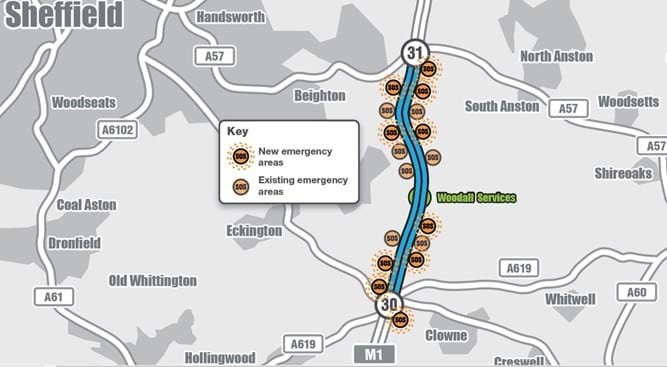 Map of the M1 motorway - junction 31 to 30