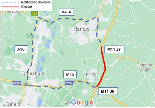 M11 Harlow map