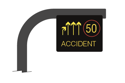 Graphic showing gantry side-of-the-road mounted sign informimg you to move out of lane 