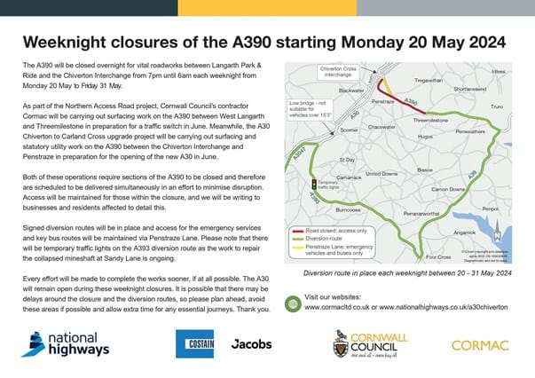 A390 closure May 24